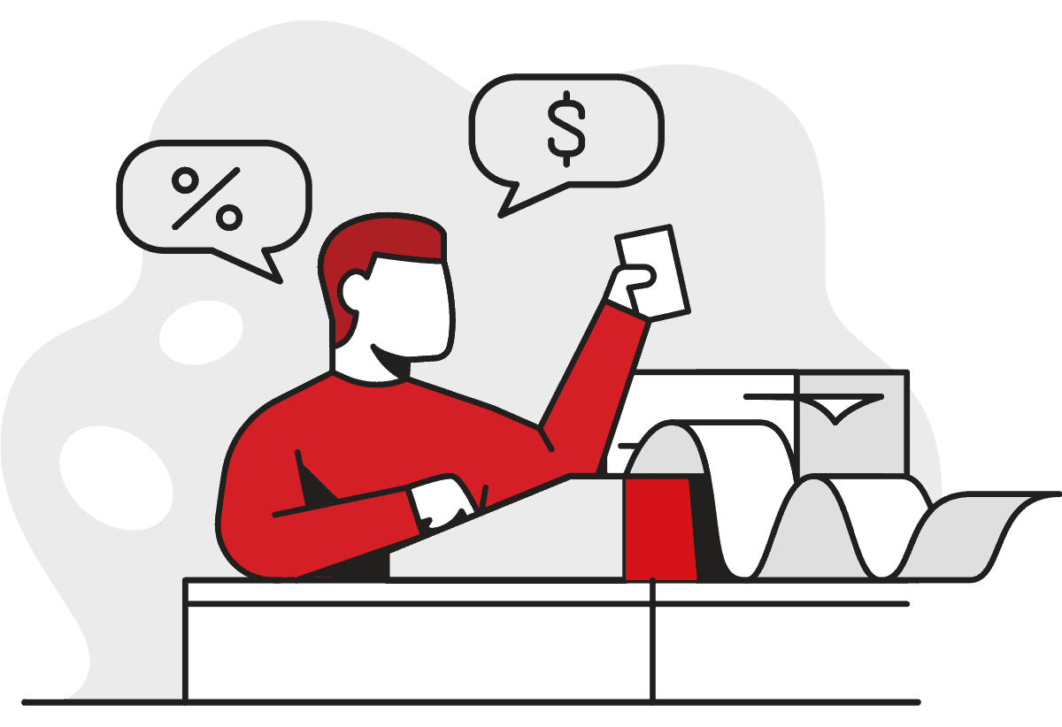 Illustration of man working on a calculator doing taxes